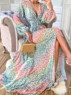 Women's Casual Dress Swing Dress A Line Dress Print Split Print V Neck Long Dress Maxi Dress Active Fashion Outdoor Daily Long Sleeve Regular Fit Rainbow Spring Fall S M L XL XXL