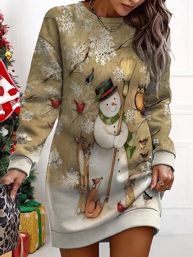 Women's Christmas Casual Dress Sweatshirt Dress Mini Dress Warm Fashion OutdoorVacation Crew Neck Print Snowman Loose Fit Black Yellow Blue S M L XL XXL 3 Women's Christmas Casual Dress Sweatshirt Dress Mini Dress Warm Fashion OutdoorVacation Crew Neck Print Snowman Loose Fit Black Yellow Blue S M L XL XXL - Image 3