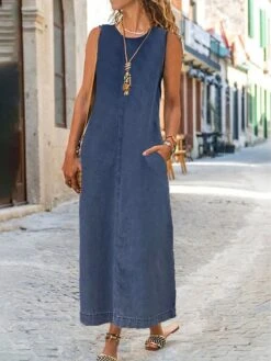 Women's Denim Dress Shift Dress Maxi Long Dress Denim Modern Casual Vacation Crew Neck Patchwork Sleeveless Summer Spring 2023 Regular Fit Black Royal Blue Blue Pure Color S M L XL 2XL