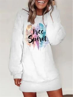 Women's Casual Dress Sweatshirt Dress Winter Dress Letter Feather Print Crew Neck Mini Dress Fashion Streetwear Outdoor Daily Long Sleeve Loose Fit White Blue Orange Fall Winter S M L XL XXL