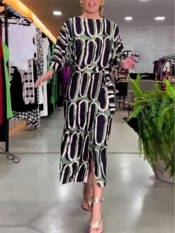 Women's Long Dress Maxi Dress Casual Dress Satin Dress Sheath Dress Geometric Fashion Casual Daily Vacation Going Out Print Long Sleeve Crew Neck Dress Loose Fit Black Summer Spring S M L XL XXL