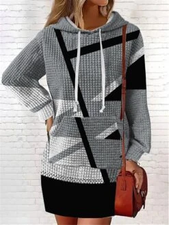 Women's Casual Dress Hoodie Dress Mini Dress Warm Fashion Outdoor Vacation Going Out V Neck Pocket Print Floral Geometric Loose Fit Pink Burgundy Blue S M L XL XXL -Casual Print Dress Sales tegusm1694166437731