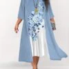 Women's Plus Size Curve Two Piece Dress Set Casual Dress Swing Dress Outdoor Daily Fashion Elegant Print Midi Dress Crew Neck 3/4 Length Sleeve Floral Ombre Pink Blue Sky Blue Fall Winter S M L