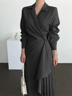 Women's Casual Dress Wrap Dress Plain Dress Long Dress Maxi Dress Pleated Outdoor Street Daily Fashion Streetwear Shirt Collar Long Sleeve 2023 Regular Fit Black Brown Apricot Color S M L XL XXL Size -Casual Print Dress Sales tesfrf1690460925747