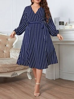 Women's Plus Size Party Dress Wedding Guest Dress Wrap Dress Midi Dress Royal Blue Long Sleeve Line With Belt Spring Fall Winter V Neck Fashion Winter Dress Evening Party Wedding Guest 2023 XL XXL
