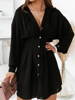 Women's Shirt Dress Casual Dress Mini Dress Outdoor Daily Vacation Polyester Fashion Modern Shirt Collar Button 3/4 Length Sleeve Fall Winter 2023 Loose Fit Black White Pure Color S M L XL 2XL -Casual Print Dress Sales tfqfds1695813901225