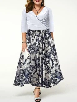 Women‘s Plus Size Curve Casual Dress Sheath Dress A Line Dress Floral Long Dress Maxi Dress Half Sleeve Patchwork Print Crew Neck Fashion Daily Black White Spring Summer L XL XXL 3XL -Casual Print Dress Sales tfynxj1675921329608