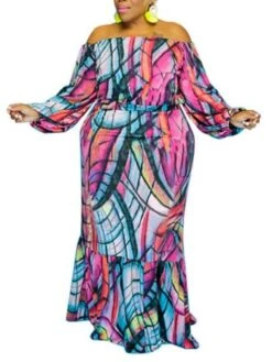 Women‘s Plus Size Curve Two Piece Dress Graphic One Shoulder Lantern Sleeve Long Sleeve Fall Spring Stylish Elegant Maxi Long Dress Holiday Vacation Dress -Casual Print Dress Sales tgglrn1623133612776