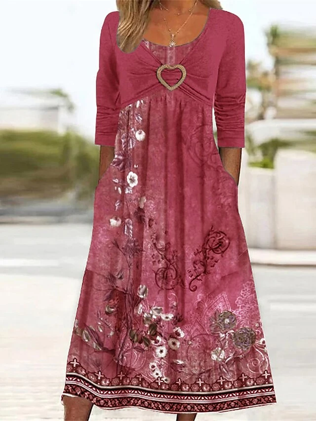 Women's Casual Dress Print Dress Pleated Dress Floral Ruched Pocket Crew Neck Midi Dress Fashion Classic Outdoor Daily 3/4 Length Sleeve Regular Fit Red Blue Green Summer Spring S M L XL XXL 3 Women's Casual Dress Print Dress Pleated Dress Floral Ruched Pocket Crew Neck Midi Dress Fashion Classic Outdoor Daily 3/4 Length Sleeve Regular Fit Red Blue Green Summer Spring S M L XL XXL - Image 3