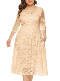 Women‘s Plus Size Curve Party Dress Black Dress Floral Crew Neck Lace 3/4 Length Sleeve Spring Fall Work Prom Dress Midi Dress Party -Casual Print Dress Sales tgnybi1628496514262