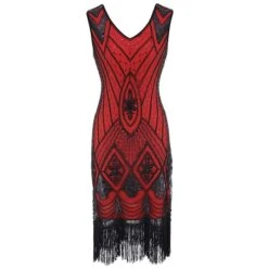 Women's Retro 1920s Fringe Dress Midi Dress Party Halloween Sequins Tassel Fringe Geometric V Neck Sleeveless Regular Fit Spring Fall 2023 Black Red S M L XL