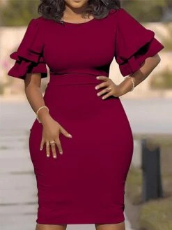 Women‘s Plus Size Curve Work Dress Bodycon Sheath Dress Solid Color Midi Dress Short Sleeve Ruffle Crew Neck Fashion Office Black White Summer Spring XL XXL 3XL 4XL 5XL -Casual Print Dress Sales theukx1677650838775