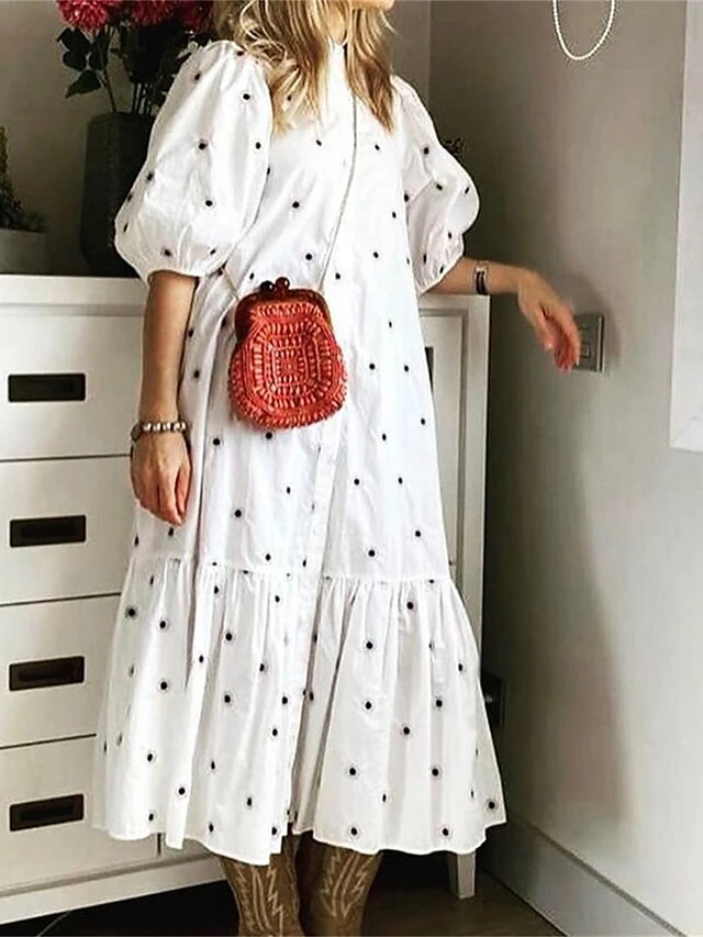 Women's Shirt Dress Casual Dress Swing Dress Midi Dress Outdoor Daily Vacation Polyester Fashion Basic Stand Collar Ruffle Button Half Sleeve Summer Spring Fall 2023 Regular Fit White Khaki Polka Dot 5 Women's Shirt Dress Casual Dress Swing Dress Midi Dress Outdoor Daily Vacation Polyester Fashion Basic Stand Collar Ruffle Button Half Sleeve Summer Spring Fall 2023 Regular Fit White Khaki Polka Dot - Image 5