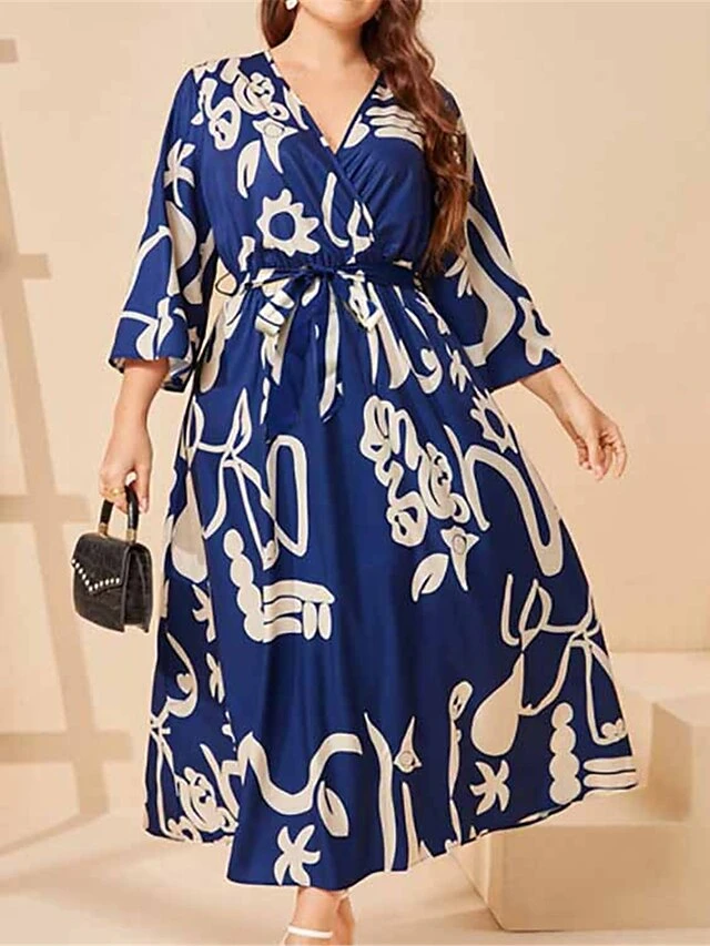 Women's Plus Size Work Dress Swing Dress Semi Formal Dress Fashion Long Dress Maxi Dress Lace Up Print V Neck 3/4 Length Sleeve Color Block Graffiti Regular Fit Navy Blue Fall Winter XL XXL 3XL 4XL 2 Women's Plus Size Work Dress Swing Dress Semi Formal Dress Fashion Long Dress Maxi Dress Lace Up Print V Neck 3/4 Length Sleeve Color Block Graffiti Regular Fit Navy Blue Fall Winter XL XXL 3XL 4XL - Image 2
