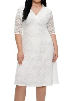 Women‘s Plus Size Curve Party Dress Lace Dress White Dress Solid Color Midi Dress Half Sleeve Lace V Neck Fashion Party White Red Summer Spring XL XXL 3XL 4XL 5XL -Casual Print Dress Sales tigigh1681204546551