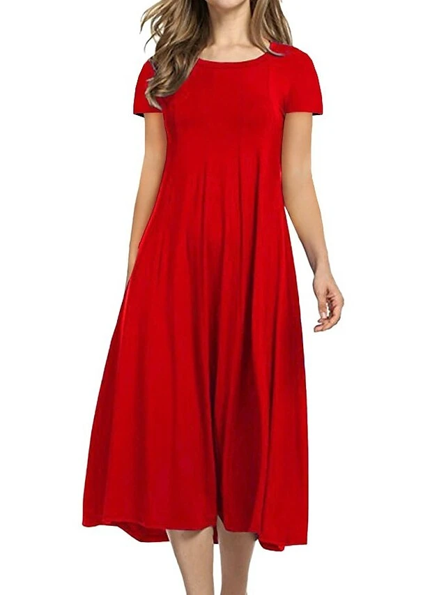 Women's Shift Dress Swing Dress Midi Dress Red Navy Blue Purple Short Sleeve Pure Color Ruched Summer Spring Crew Neck Classic 2023 S M L XL XXL 3XL 4XL 5XL 2 Women's Shift Dress Swing Dress Midi Dress Red Navy Blue Purple Short Sleeve Pure Color Ruched Summer Spring Crew Neck Classic 2023 S M L XL XXL 3XL 4XL 5XL - Image 2