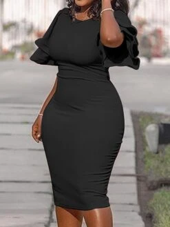 Women‘s Plus Size Curve Work Dress Bodycon Sheath Dress Solid Color Midi Dress Short Sleeve Ruffle Crew Neck Fashion Office Black White Summer Spring XL XXL 3XL 4XL 5XL -Casual Print Dress Sales tiwodh1677650845788