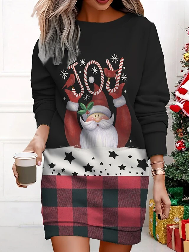 Women's Christmas Casual Dress Sweatshirt Dress Mini Dress Warm Fashion OutdoorVacation Crew Neck Print Santa Claus Loose Fit Black Red Beige S M L XL XXL 2 Women's Christmas Casual Dress Sweatshirt Dress Mini Dress Warm Fashion OutdoorVacation Crew Neck Print Santa Claus Loose Fit Black Red Beige S M L XL XXL - Image 2