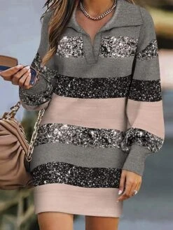 Women's Casual Dress Sweatshirt Dress Mini Dress Fashion Daily Outdoor Vacation Going Out V Neck Print Striped Pure Color Loose Fit Gray S M L XL XXL