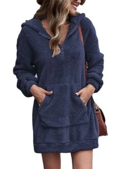 Women‘s Hoodie Dress Winter Dress Black Pink Army Green Navy Blue Beige Gray Long Sleeve Pure Color Zipper Pocket Winter Fall Hooded Stylish Casual Fall Dress Loose Fit 2022 S M L XL 2XL 3XL -Casual Print Dress Sales tjoskj1664249542248
