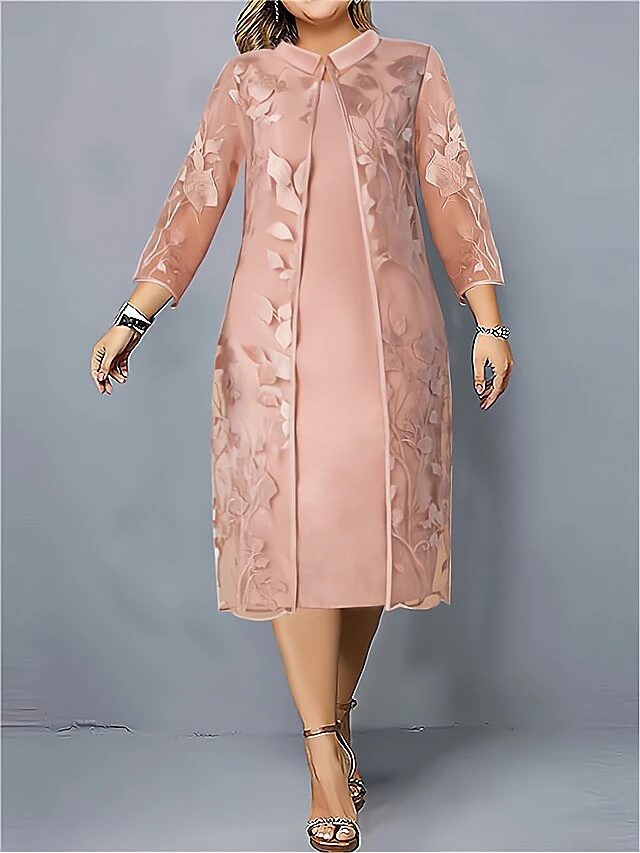 Women's Plus Size Curve Party Dress Dress Set Two Piece Dress Floral Midi Dress 3/4 Length Sleeve Mesh Embroidered Shirt Collar Fashion Party Pink Fall Winter L XL XXL 3XL 4XL 2 Women's Plus Size Curve Party Dress Dress Set Two Piece Dress Floral Midi Dress 3/4 Length Sleeve Mesh Embroidered Shirt Collar Fashion Party Pink Fall Winter L XL XXL 3XL 4XL - Image 2