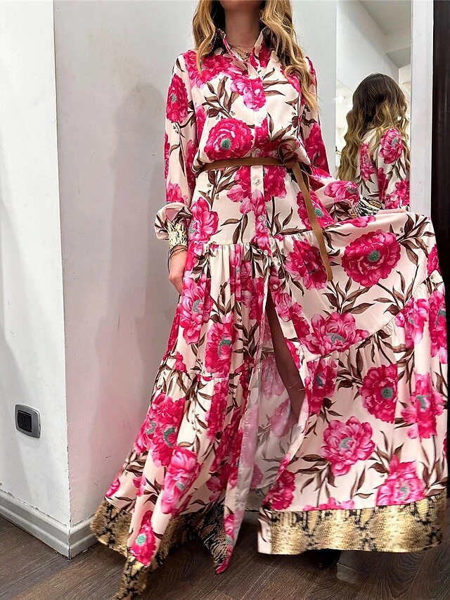 Women's Shirt Dress Casual Dress Swing Dress Maxi Long Dress Outdoor Daily Vacation Satin Fashion Modern Shirt Collar Button Split Long Sleeve Spring Fall 2023 Loose Fit Dark Pink Floral S M L XL 2XL 5 Women's Shirt Dress Casual Dress Swing Dress Maxi Long Dress Outdoor Daily Vacation Satin Fashion Modern Shirt Collar Button Split Long Sleeve Spring Fall 2023 Loose Fit Dark Pink Floral S M L XL 2XL - Image 5