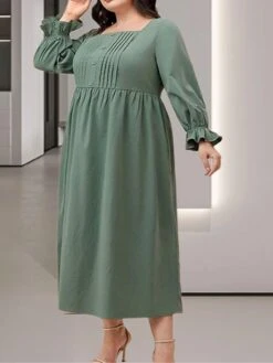 Women's Plus Size Curve Casual Dress Winter Dress Swing Dress Plain Midi Dress Long Sleeve Ruched Pocket Square Neck Fashion Outdoor Green Fall Winter XL XXL 3XL 4XL 5XL -Casual Print Dress Sales tkuqnj1695191645999