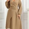 Women's Plus Size Curve Work Dress A Line Dress Plain Midi Dress Long Sleeve Ruched V Neck Fashion Office Khaki Fall Winter XL XXL 3XL 4XL
