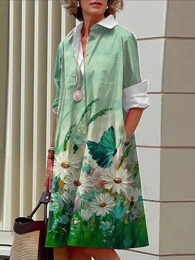Women's Shirt Dress Casual Dress Midi Dress Outdoor Office Daily Polyester Fashion Modern Shirt Collar Button Pocket Long Sleeve Fall Winter 2023 Loose Fit ArmyGreen White Blue Floral S M L XL 2XL 2 Women's Shirt Dress Casual Dress Midi Dress Outdoor Office Daily Polyester Fashion Modern Shirt Collar Button Pocket Long Sleeve Fall Winter 2023 Loose Fit ArmyGreen White Blue Floral S M L XL 2XL - Image 2