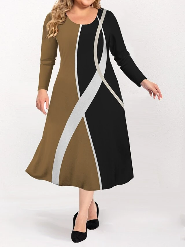 Women's Plus Size Curve Casual Dress Skater Dress A Line Dress Geometric Color Block Midi Dress Long Sleeve Print Crew Neck Fashion Outdoor Red Blue Fall Winter L XL XXL 3XL 4XL 2 Women's Plus Size Curve Casual Dress Skater Dress A Line Dress Geometric Color Block Midi Dress Long Sleeve Print Crew Neck Fashion Outdoor Red Blue Fall Winter L XL XXL 3XL 4XL - Image 2