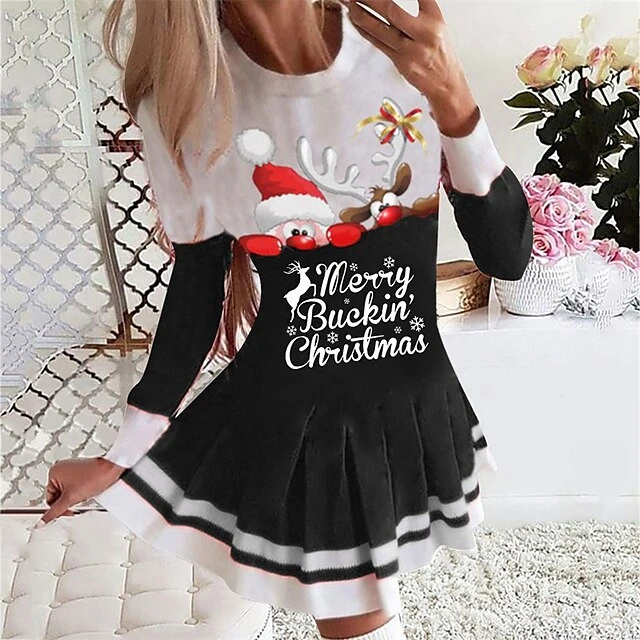 Women's Christmas Swing Dress Blue Red Black Long Sleeve Letter Santa Claus Elk Pleated Print Winter Fall Crew Neck Stylish Romantic Fall Dress Loose Fit 2022 S M L XL XXL / Winter Dress 6 Women's Christmas Swing Dress Blue Red Black Long Sleeve Letter Santa Claus Elk Pleated Print Winter Fall Crew Neck Stylish Romantic Fall Dress Loose Fit 2022 S M L XL XXL / Winter Dress - Image 6