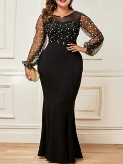 Women‘s Plus Size Curve Party Dress Polka Dot Crew Neck Long Sleeve Winter Fall Elegant Formal Mature Maxi Long Dress Party Evening Party Dress