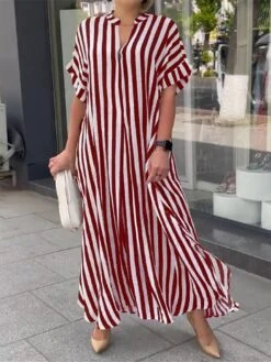 Women's Casual Dress Summer Dress Print Dress Stripe Button Print Split Neck Long Dress Maxi Dress Fashion Streetwear Outdoor Street Short Sleeve Loose Fit Black Red Blue Summer Spring S M L XL XXL -Casual Print Dress Sales tmjlzb1687862797049