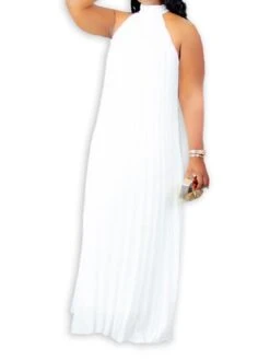 Women's Plus Size Curve Shift Dress Solid Color Halter Neck Ruched Sleeveless Spring Summer Basic Maxi Long Dress Casual Daily Dress -Casual Print Dress Sales tmtndr1654676762865