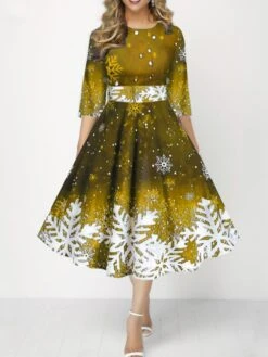 Women's Retro 1950s Skater Dress Midi Dress Party Christmas Print Snowflake Crew Neck 3/4 Length Sleeve 2023 Black Yellow S M L XL -Casual Print Dress Sales tnhdmj1696846063821
