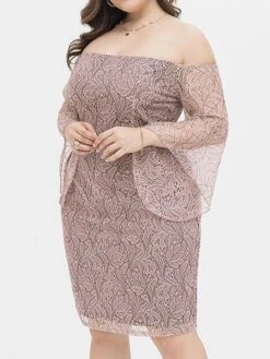 Women's Plus Size Party Dress Lace Dress Cocktail Dress Midi Dress Pink Long Sleeve Pure Color Lace Spring Fall Winter Off Shoulder Fashion Birthday Wedding Guest Vacation 2023 XL XXL 3XL 4XL -Casual Print Dress Sales tnjhou1693535467043