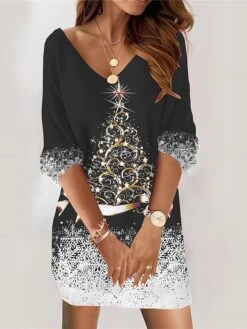 Women‘s Christmas Casual Dress Sweatshirt Dress Mini Dress Fashion Daily Outdoor Vacation V Neck Print Tree Loose Fit Black Red Blue S M L XL XXL -Casual Print Dress Sales tnstit1695027784864