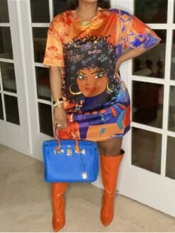 Women‘s Plus Size Curve Casual Dress T Shirt Dress Tee Dress Shift Dress Graphic Midi Dress Short Sleeve Print Crew Neck Fashion Daily Black Orange Spring Summer L XL XXL 3XL -Casual Print Dress Sales todqvf1672900108769