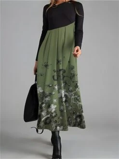 Women's Casual Dress Winter Dress A Line Dress Floral Ruched Patchwork Crew Neck Long Dress Maxi Dress Fashion Streetwear Outdoor Daily Long Sleeve Regular Fit Blue Purple Green Fall Winter S M L XL