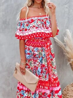 Women's Boho Dress Beach Dress Beach Wear Long Dress Maxi Dress Ruffle Print Boho Casual Floral Off Shoulder Short Sleeve Loose Fit Outdoor Daily Black White 2023 Spring Summer S M L XL -Casual Print Dress Sales tonrae1675160135492