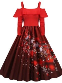 Women's Christmas Vintage DressKnee Length Dress Wine Light Red Red White Black Long Sleeve Santa Claus Elk Snowman Cold Shoulder Print Fall Winter Spaghetti Strap Vacation Vintage 2022 -Casual Print Dress Sales tpfdwg1665293366027