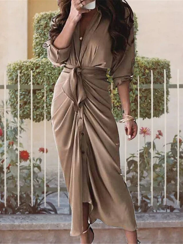 Women's Shirt Dress Casual Dress Bodycon Midi Dress Outdoor Daily Date Polyester Fashion Modern V Neck Ruched Button 3/4 Length Sleeve Summer Spring 2023 Loose Fit Brown Khaki Floral Color Block Pure 1 Women's Shirt Dress Casual Dress Bodycon Midi Dress Outdoor Daily Date Polyester Fashion Modern V Neck Ruched Button 3/4 Length Sleeve Summer Spring 2023 Loose Fit Brown Khaki Floral Color Block Pure