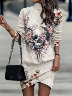 Women's Casual Dress Sweatshirt Dress Sheath Dress Geometric Color Block Ruched Print Turtleneck Mini Dress Fashion Streetwear Outdoor Daily Long Sleeve Regular Fit White Gold Khaki Spring Fall S M L -Casual Print Dress Sales tragye1692685683449