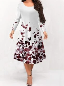 Women‘s Plus Size Curve Work Dress Floral Crew Neck Long Sleeve Winter Fall Fashion Elegant Modern Midi Dress Office Work Dress -Casual Print Dress Sales trgfob1670470614415
