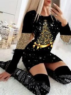 Women's Christmas Casual Dress Bodycon Sheath Dress Mini Dress Green Blue Purple Long Sleeve Christmas Tree Print Winter Fall Autumn Crew Neck Fashion Christmas Daily 2022 S M L XL XXL 3XL 4XL 5XL 6XL