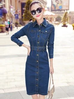 Women's Denim Dress Shift Dress Denim Shirt Dress Maxi Long Dress Denim Formal Winter Dress Daily Holiday Shirt Collar Button Pocket Long Sleeve Summer Spring Fall 2023 Slim Blue Pure Color S M L XL