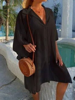 Women's Swimwear Cover Up Beach Top Normal Swimsuit UV Protection Modest Swimwear Button Pure Color White Black Bathing Suits New Casual Vacation / Modern 19 Women's Swimwear Cover Up Beach Top Normal Swimsuit UV Protection Modest Swimwear Button Pure Color White Black Bathing Suits New Casual Vacation / Modern -Casual Print Dress Sales trxqcg1642659070133