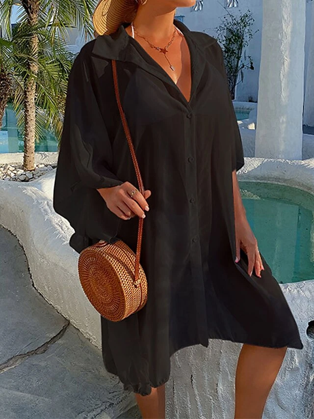 Women's Swimwear Cover Up Beach Top Normal Swimsuit UV Protection Modest Swimwear Button Pure Color White Black Bathing Suits New Casual Vacation / Modern 8 Women's Swimwear Cover Up Beach Top Normal Swimsuit UV Protection Modest Swimwear Button Pure Color White Black Bathing Suits New Casual Vacation / Modern - Image 8