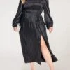 Women's Plus Size Curve Work Dress Satin Dress Black Dress Plain Midi Dress Long Sleeve Split V Neck Fashion Office Black Fall Winter L XL XXL 3XL 4XL
