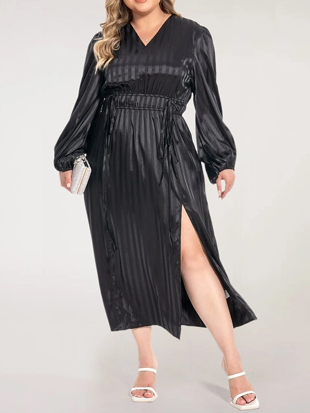 Women's Plus Size Curve Work Dress Satin Dress Black Dress Plain Midi Dress Long Sleeve Split V Neck Fashion Office Black Fall Winter L XL XXL 3XL 4XL 1 Women's Plus Size Curve Work Dress Satin Dress Black Dress Plain Midi Dress Long Sleeve Split V Neck Fashion Office Black Fall Winter L XL XXL 3XL 4XL